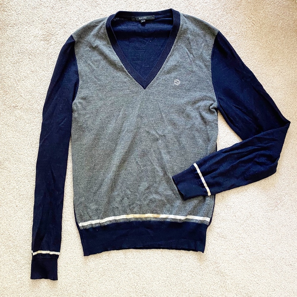 Preppy gray & navy Gucci v-neck wool sweater